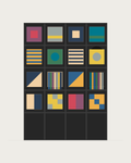 Drawing of a Coverfront record cabinet, spray-painted black, four columns wide and four compartments high