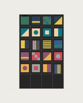 Drawing of a Coverfront record cabinet, spray-painted black, four columns wide and five compartments high