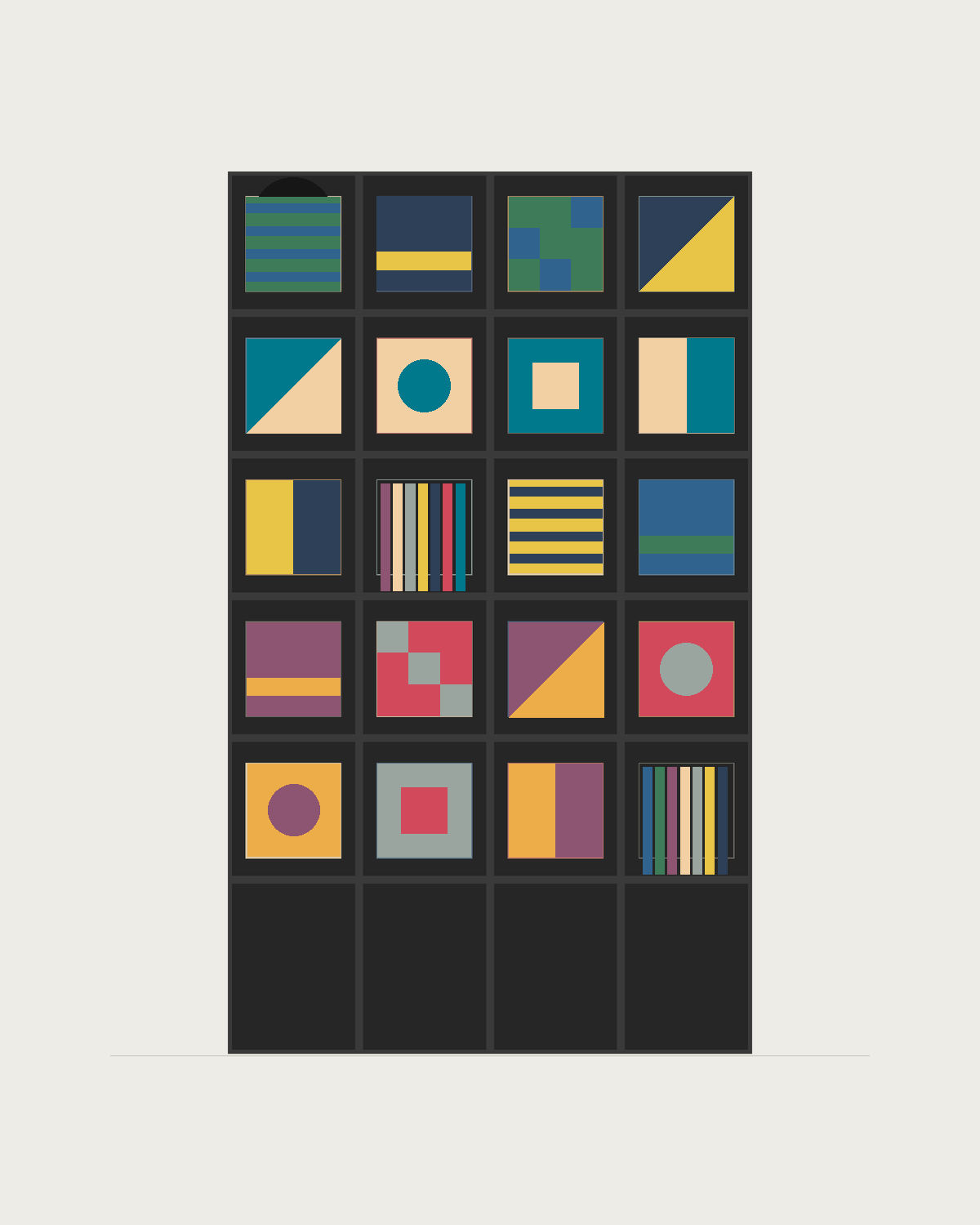 Drawing of a Coverfront record cabinet, spray-painted black, four columns wide and five compartments high