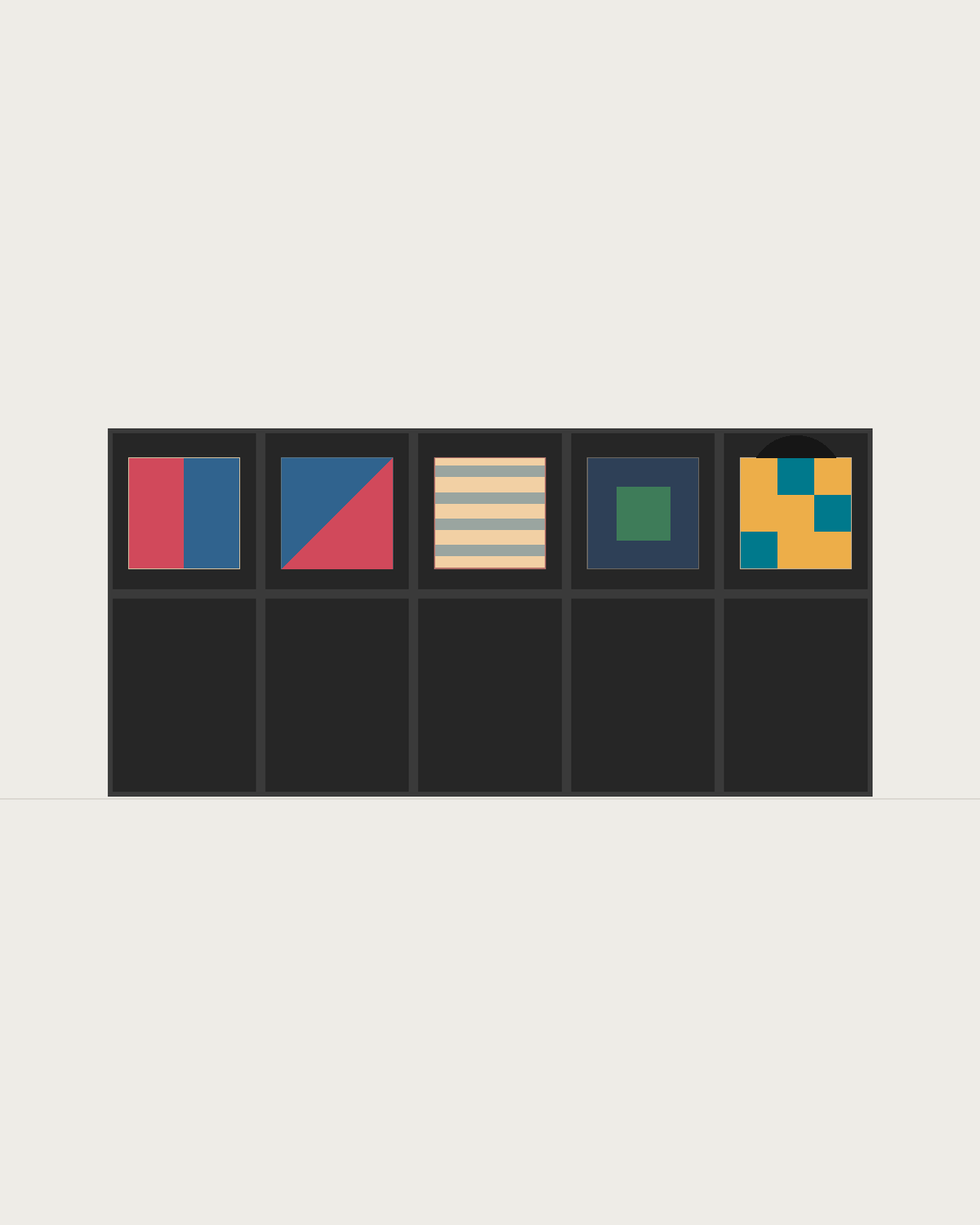 Drawing of a Coverfront record cabinet, spray-painted black, five columns wide and one compartment high