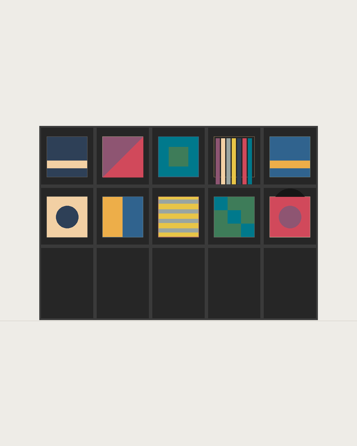 Drawing of a Coverfront record cabinet, spray-painted black, five columns wide and two compartments high