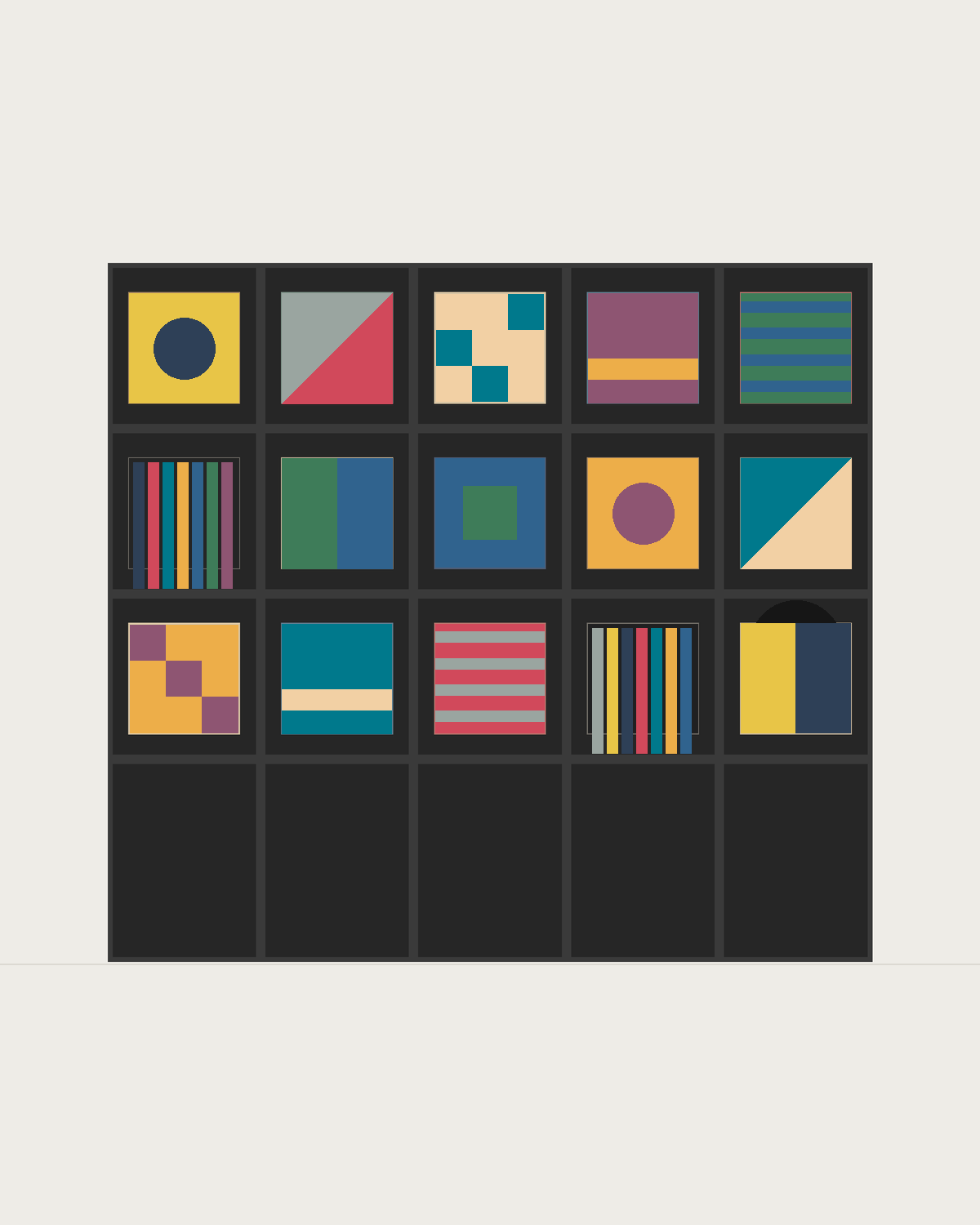 Drawing of a Coverfront record cabinet, spray-painted black, five columns wide and three compartments high