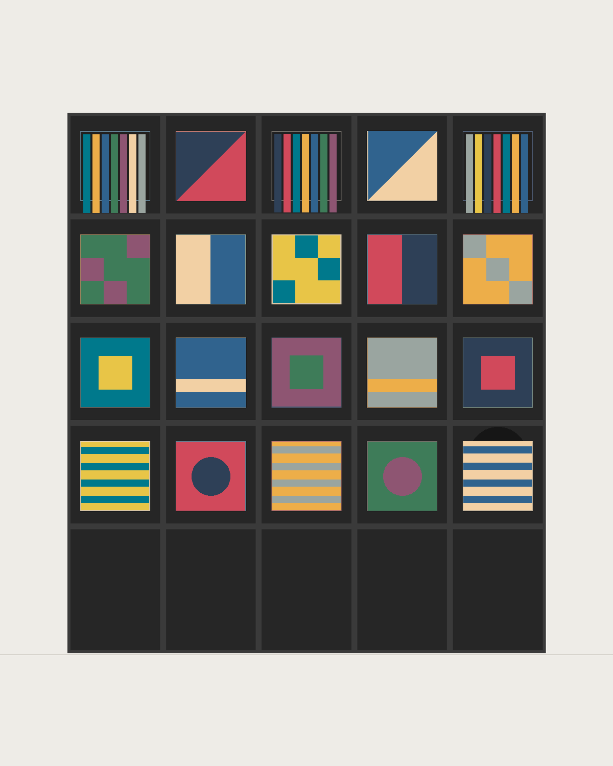 Drawing of a Coverfront record cabinet, spray-painted black, five columns wide and four compartments high