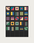 Drawing of a Coverfront record cabinet, spray-painted black, five columns wide and five compartments high