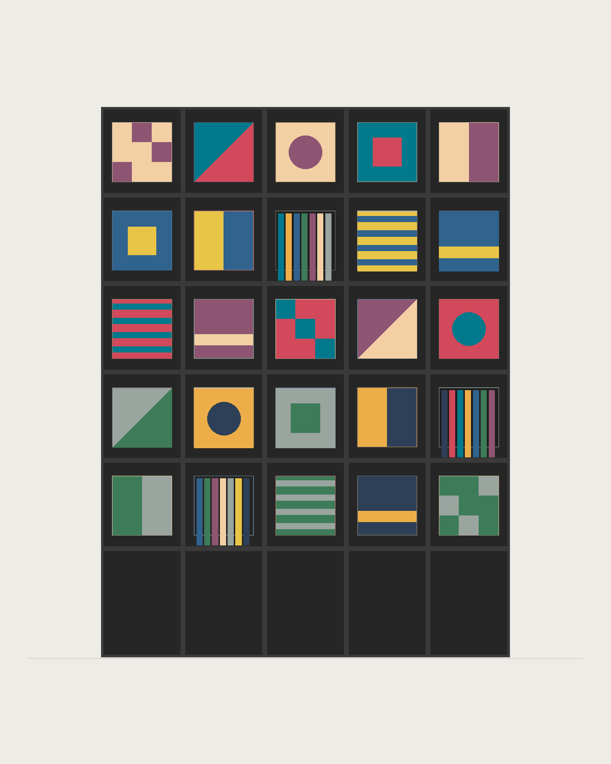 Drawing of a Coverfront record cabinet, spray-painted black, five columns wide and five compartments high