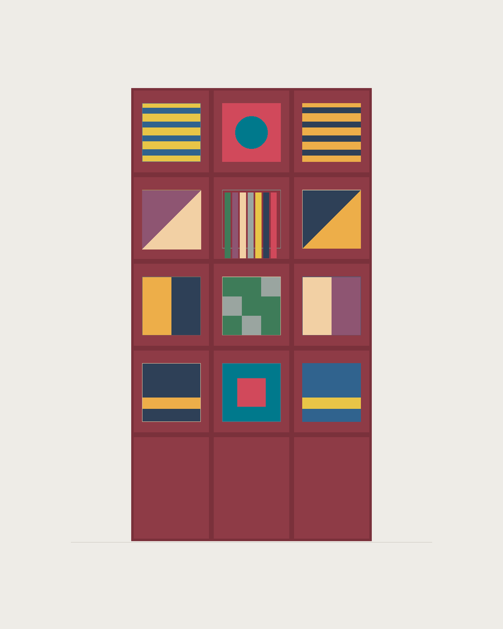 Drawing of a Coverfront record cabinet, spray-painted in a custom RAL colour, three columns wide and four compartments high