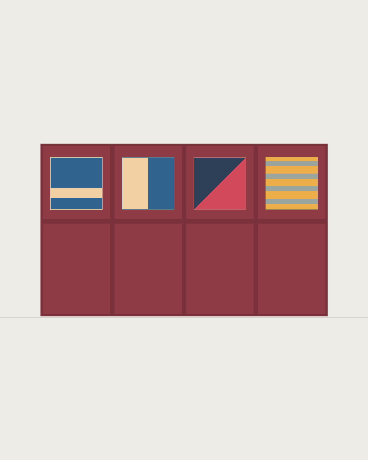 Drawing of a Coverfront record cabinet, spray-painted in a custom RAL colour, four columns wide and one compartment high
