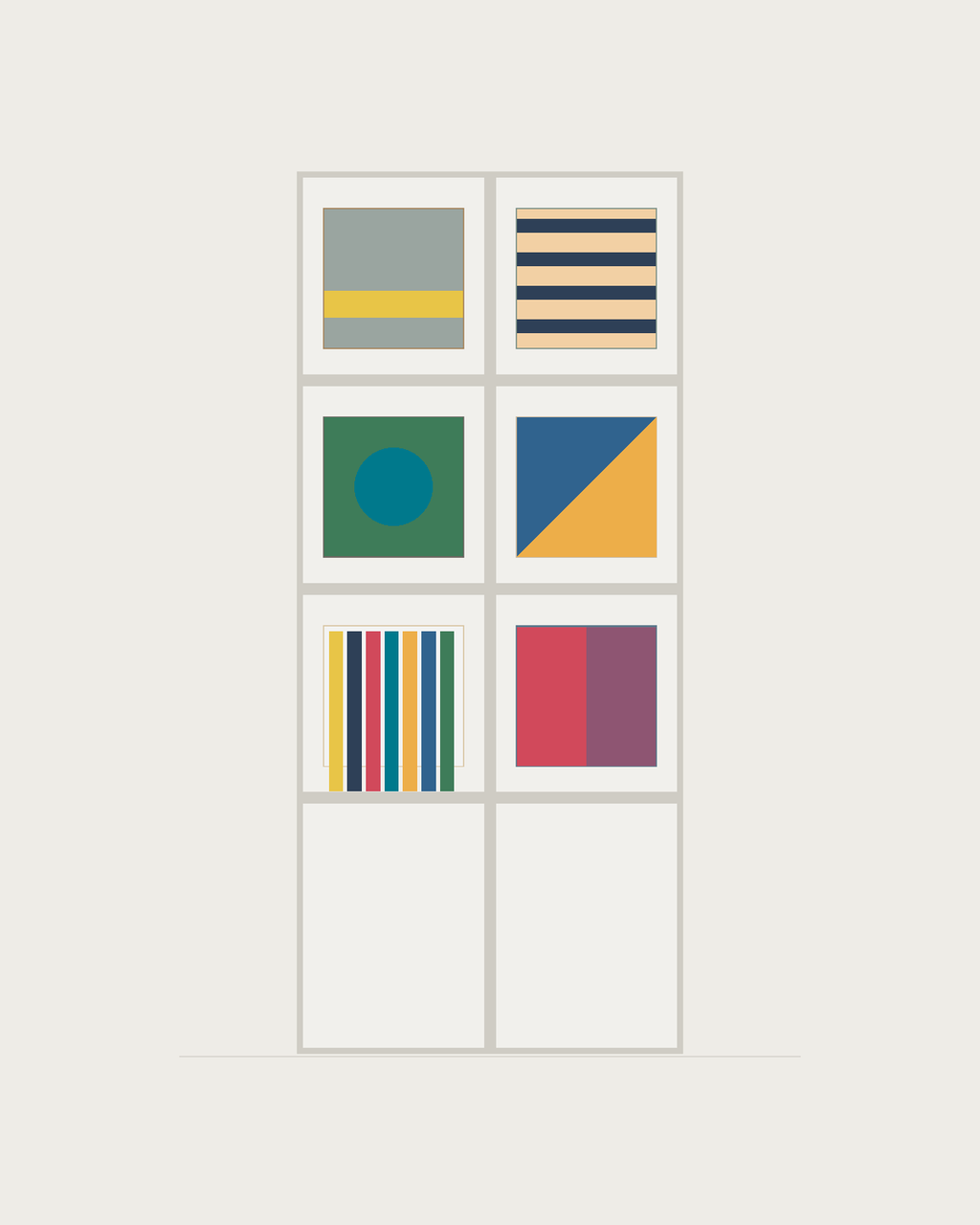 Drawing of a Coverfront record cabinet, spray-painted white, two columns wide and three compartments high