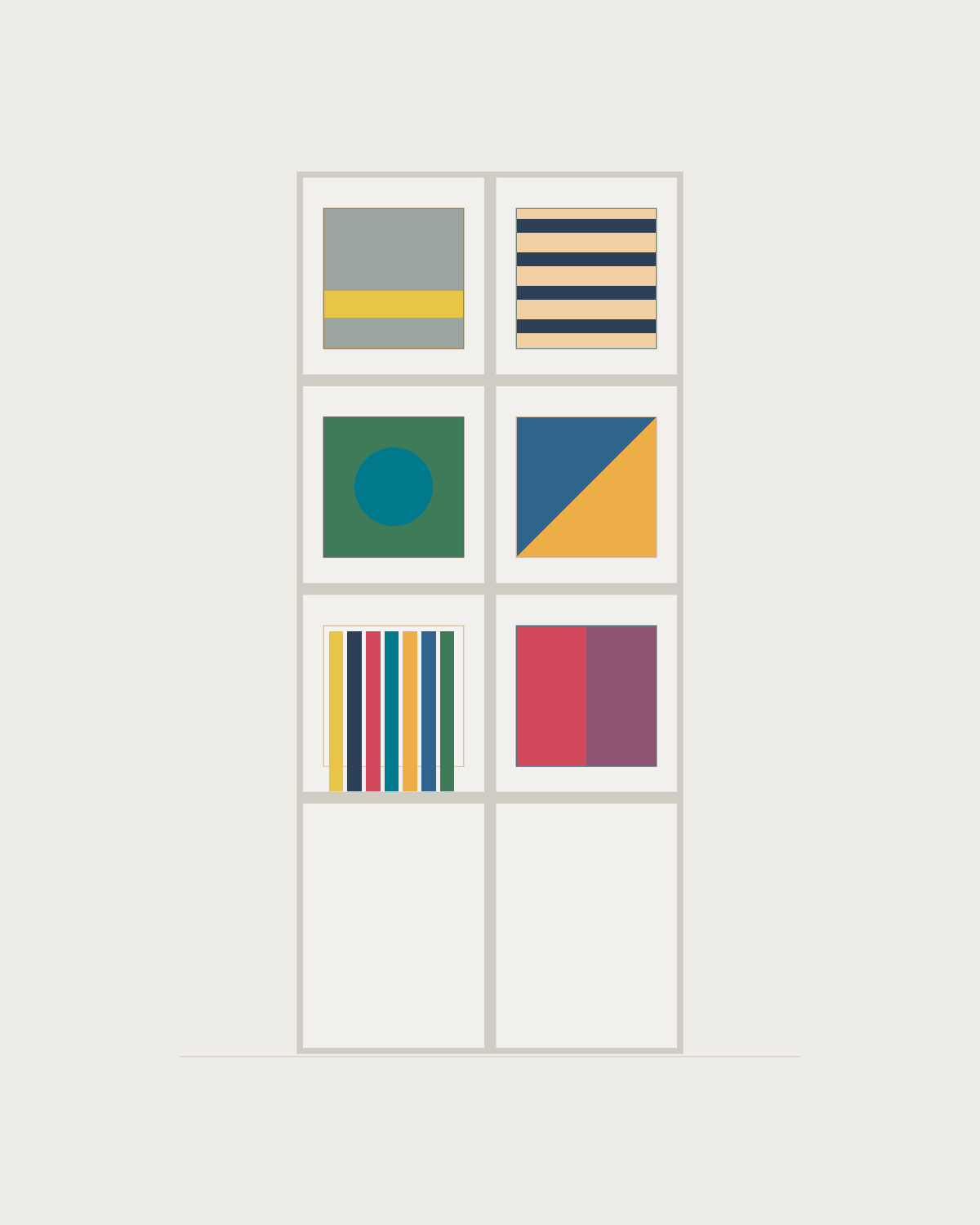 Drawing of a Coverfront record cabinet, spray-painted white, two columns wide and three compartments high