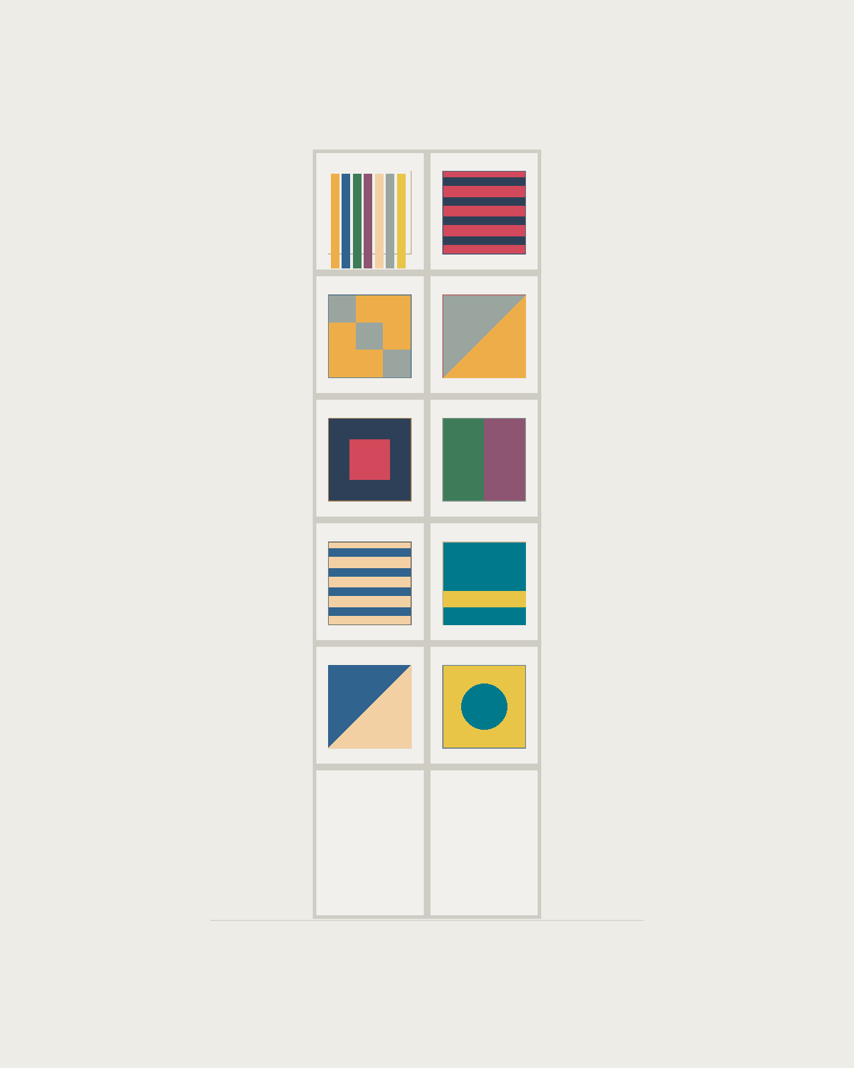 Drawing of a Coverfront record cabinet, spray-painted white, two columns wide and five compartments high