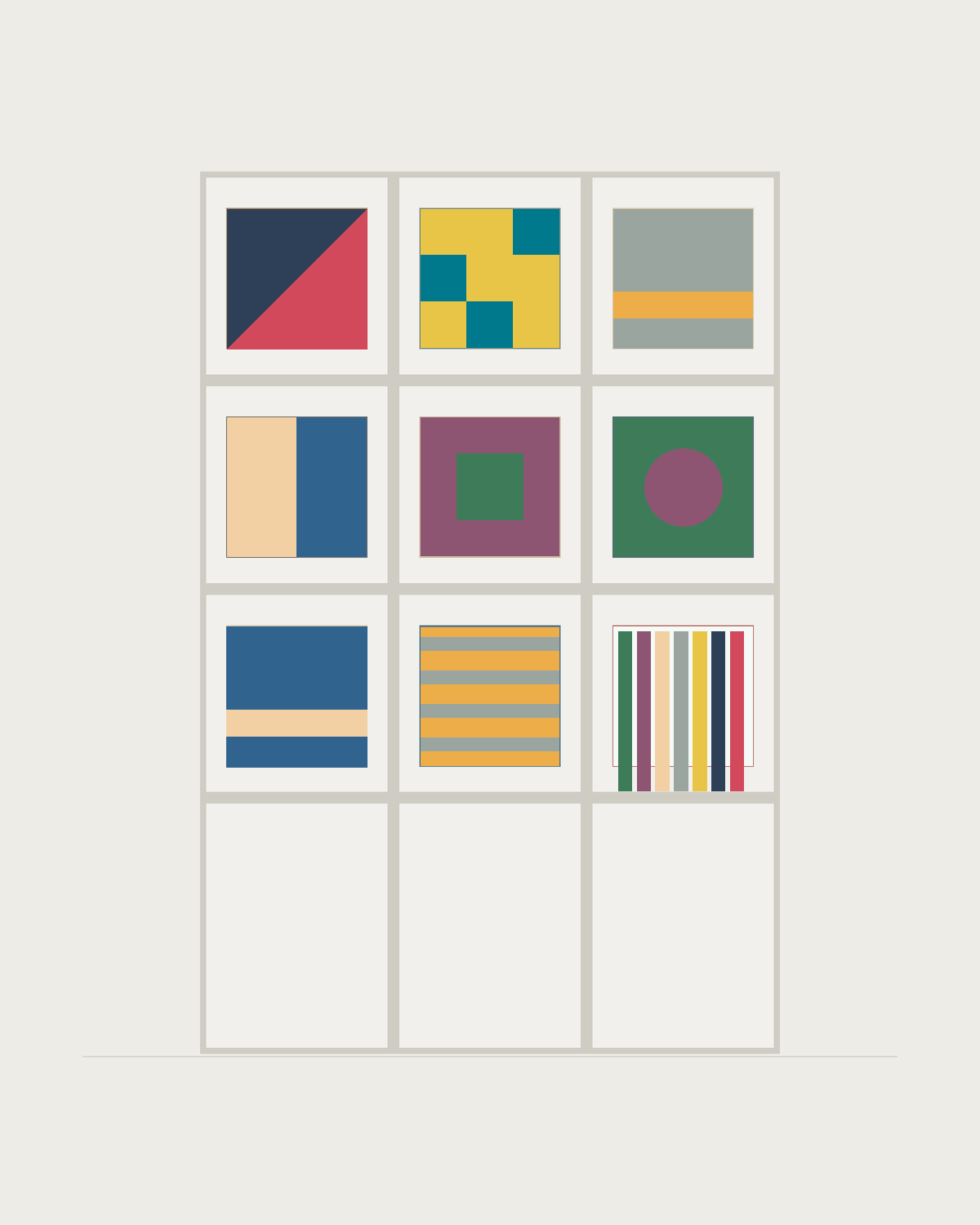 Drawing of a Coverfront record cabinet, spray-painted white, three columns wide and three compartments high