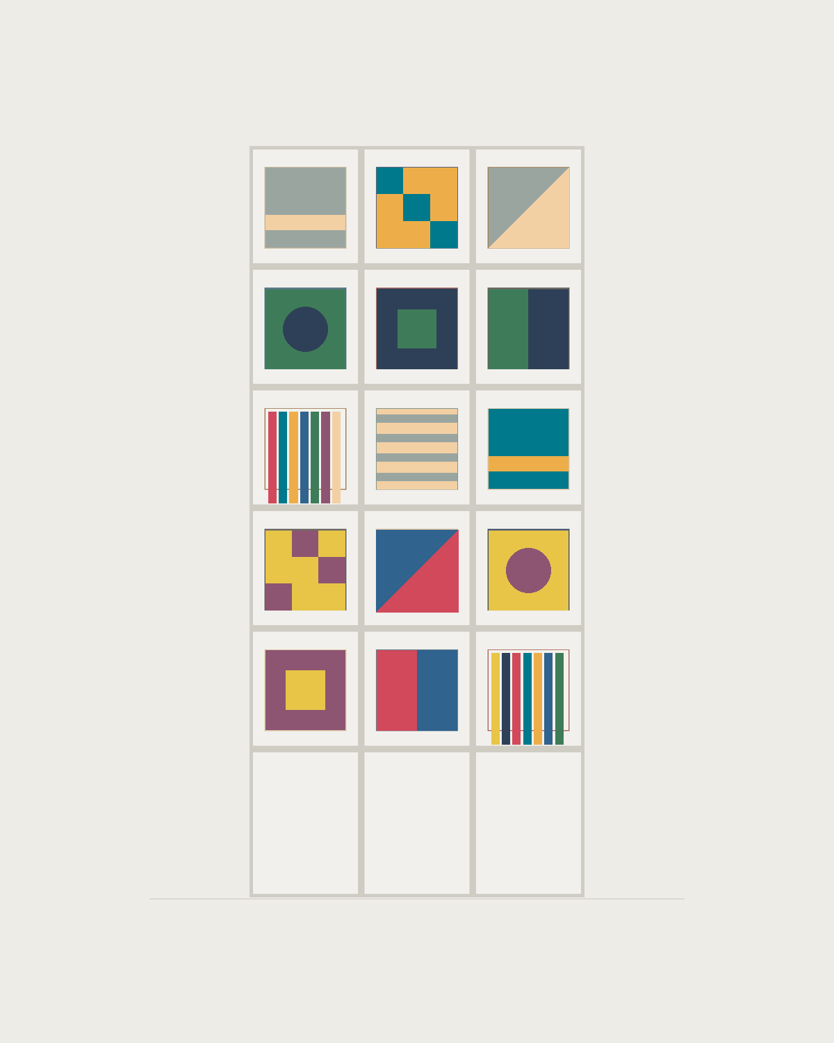 Drawing of a Coverfront record cabinet, spray-painted white, three columns wide and five compartments high