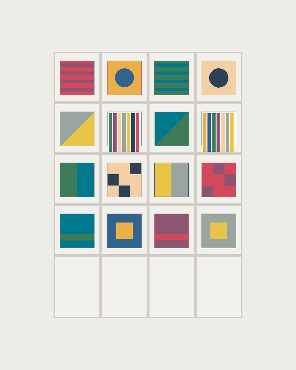 Drawing of a Coverfront record cabinet, spray-painted white, four columns wide and four compartments high